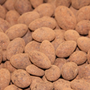 Amandes torréfiées enrobées de chocolat au lait et de poudre de cacao